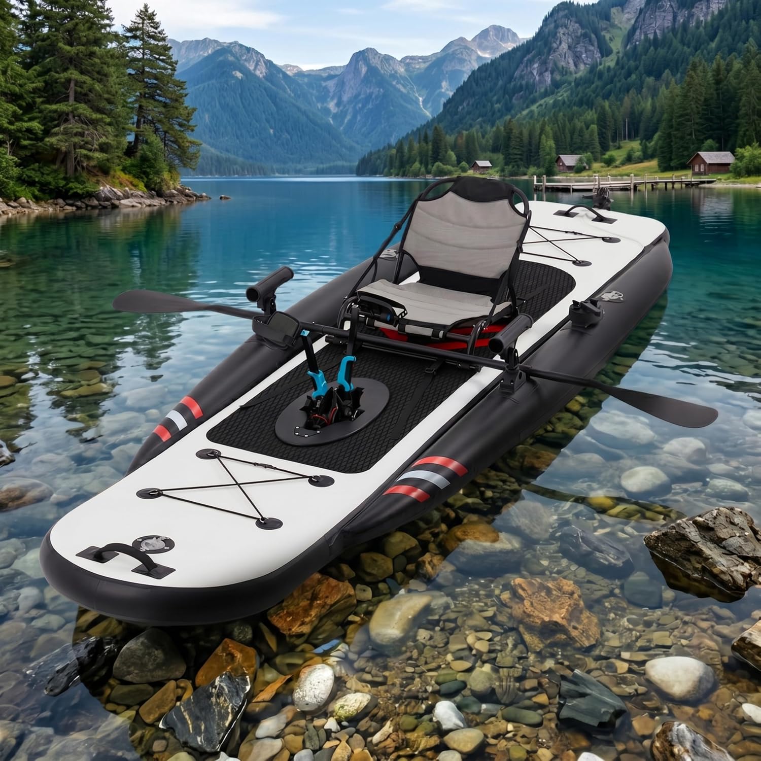 Fishing Kayak Pedal Drive - 12フィート プレミアムPVCインフレータブルフィッシングカヤック – ペダル駆動、軽量で持ち運び可能、ラダーシステム、アルミシート、アクセサリー付き、HIN付属